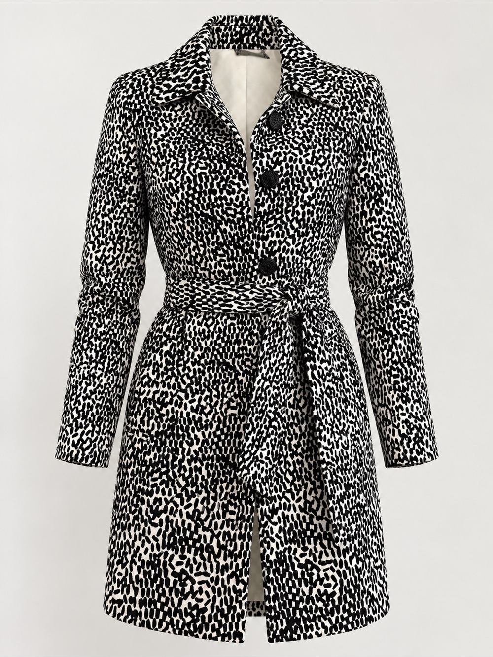 Diane Von Furstenberg Black & White Printed Belted Trench Coat